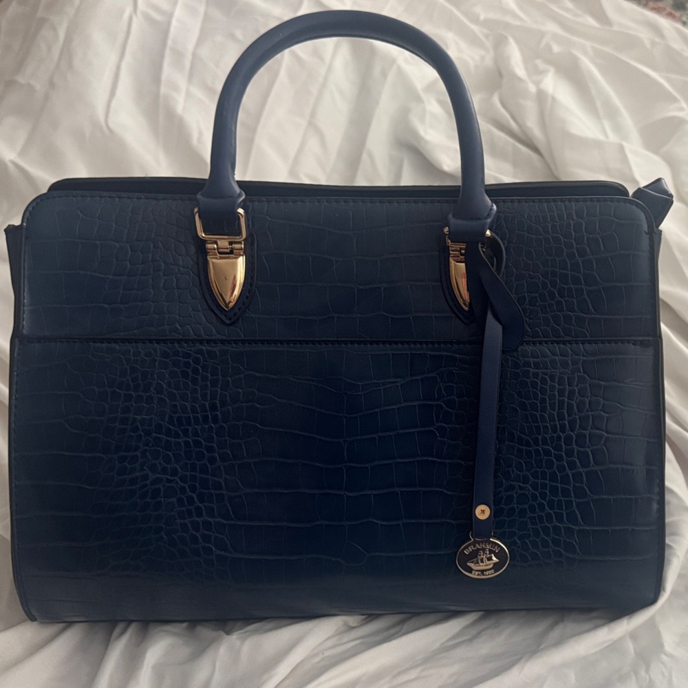 Brahmin Blue Croc-Embossed Bag with Gold Details